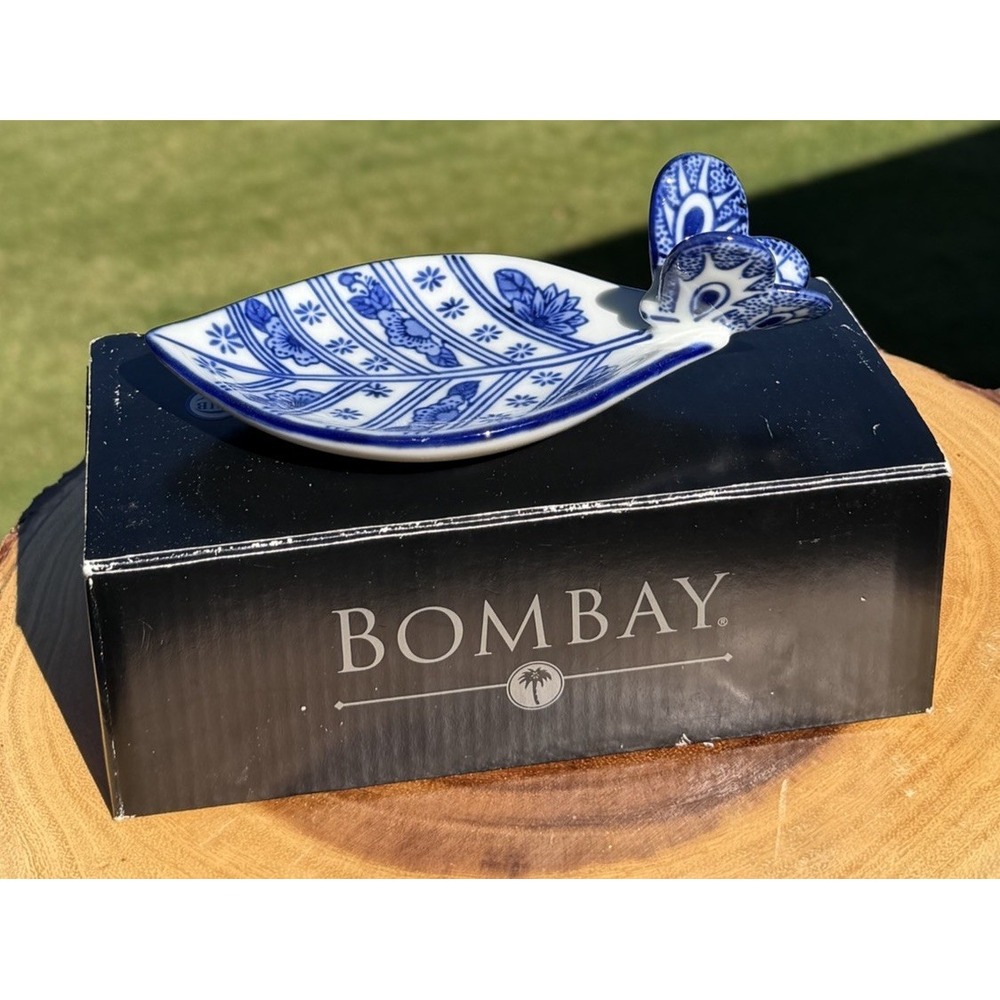 Bombay Blue White Leaf Butterfly Trinket Dish Chinoiserie Porcelain 6.5"